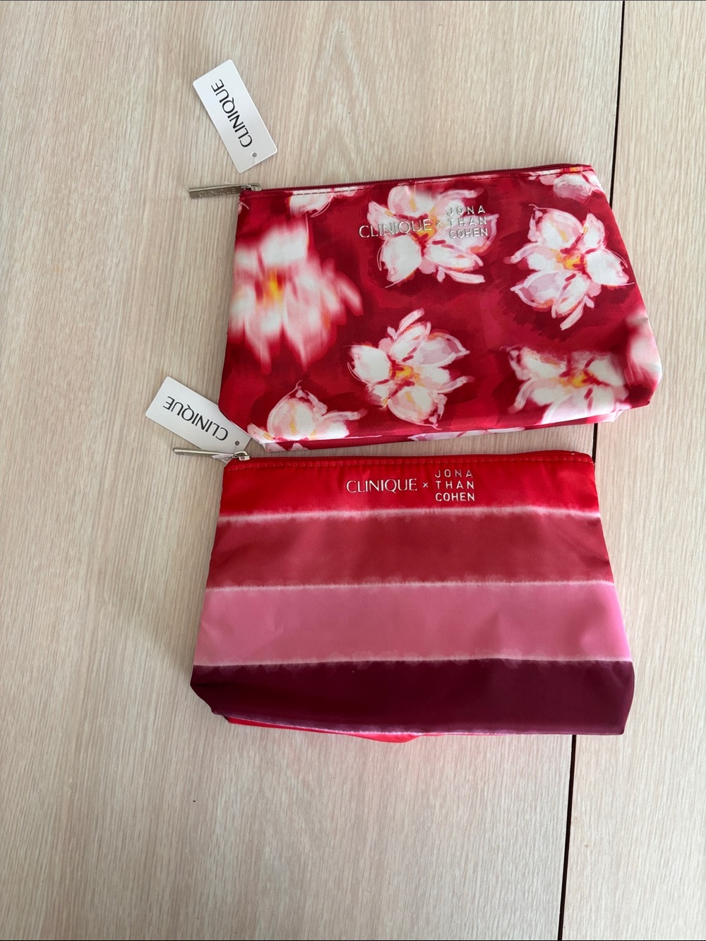 Clinique Red and Pink Floral & Stripe Cosmetic Pouch Set